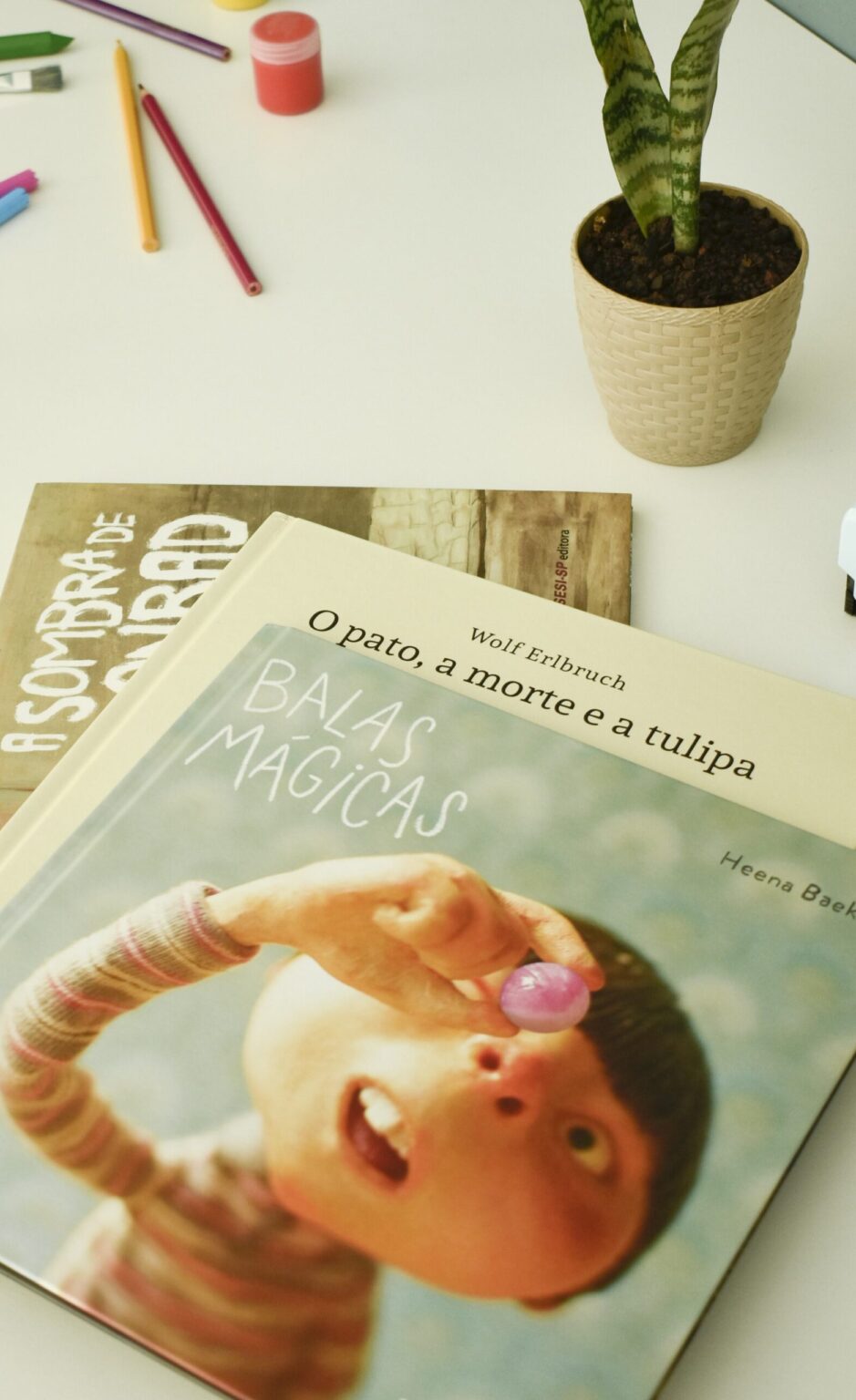 Livros infantis em mesa do consultório da psicóloga.